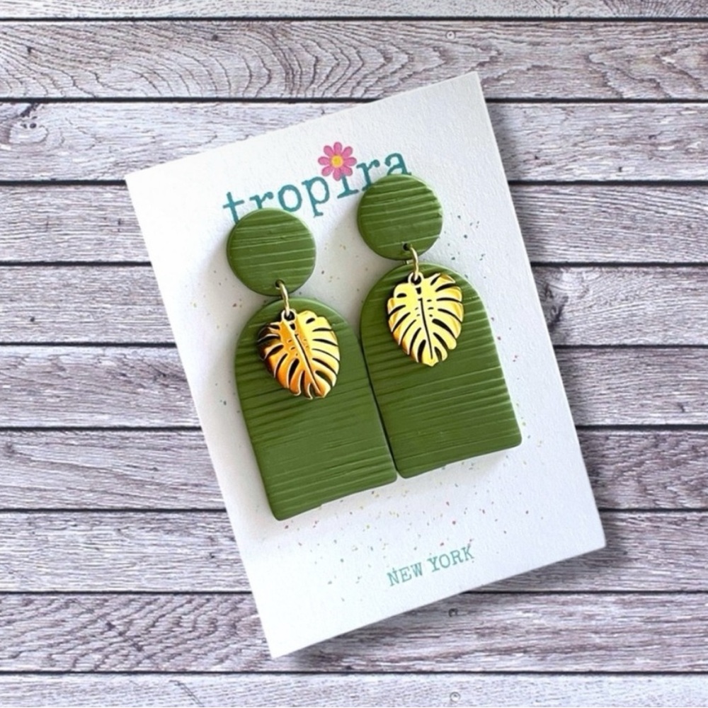Green Gold Leaf Textured Dangling Polymer Clay Earrings